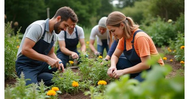Photo de l’équipe au travail dans un jardin